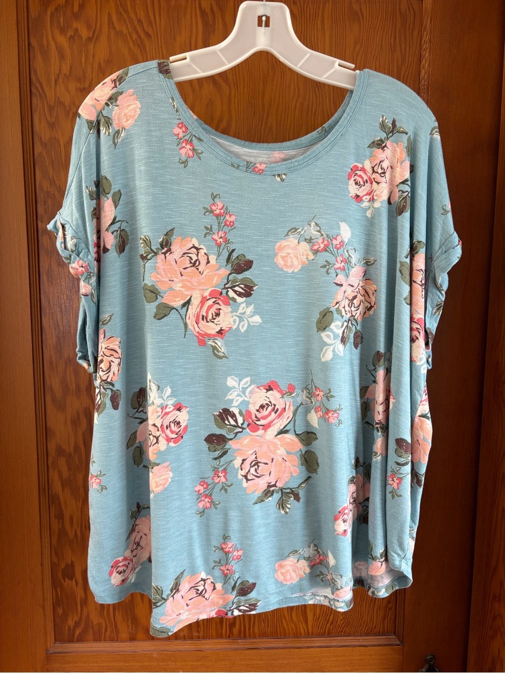 Maurices Dusty Blue Floral Short Sleeve Tee with Pink Roses